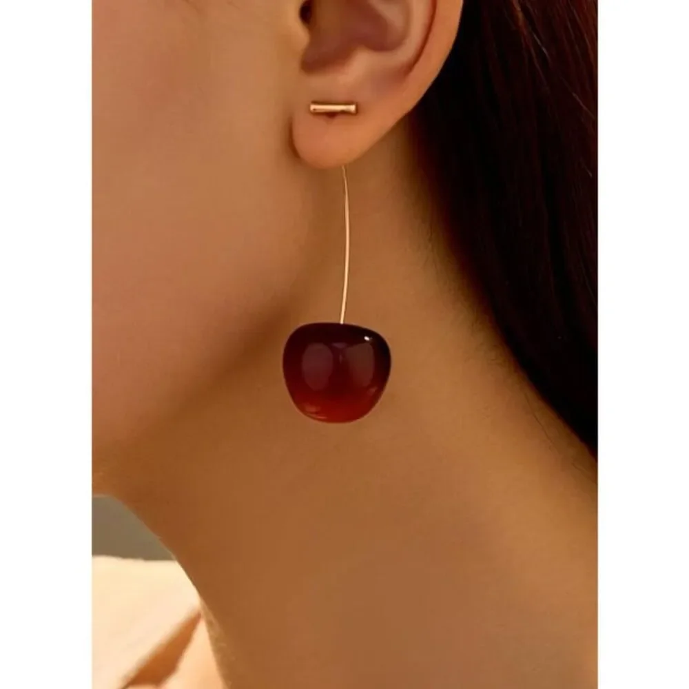 Cherry Drop Earrings Playful Realistic Three Dimensional For Pierced Ears